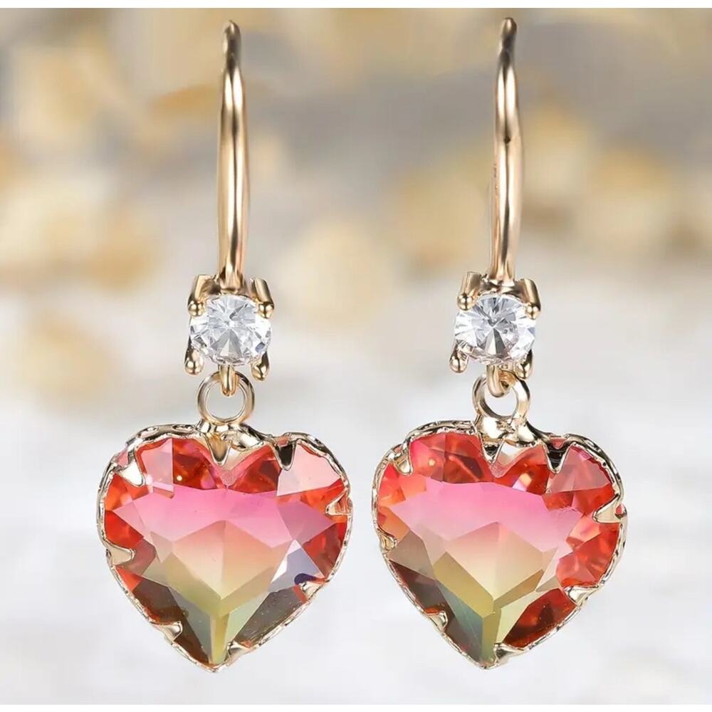 Elegant Heart-Shaped Tourmaline Drop Earrings with Sparkling Cubic Zirconia